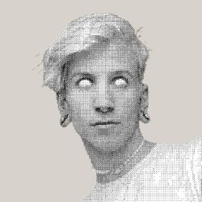 A dithered, monochrome rendering of a white man with white hair from the neck up. He stares into the middle distance, though it’s hard to tell as the pupils of his eyes have been edited out.