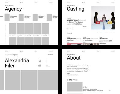 A four-up composite of different layouts from the Ricky Michiels project in Figma, showing them without typography choices and with placeholder images. These communicate the rough idea of a casting, agency, and about page, with individual pages for each model and casting case study.