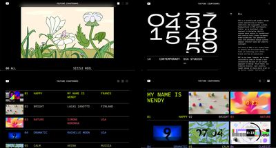 A four-up composite of different layouts from the Countdowns website, showing a long-scroll, narrative style, a dense grid view, and a compressed data reference view. The composite also shows an individual Countdown page, including some metadata about the motion designer and the text of an interview with them.