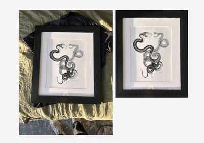 The original image of a framed art print of some snakes, side-by-side on a Figma canvas with a cropped, perspective-corrected version of the same image.