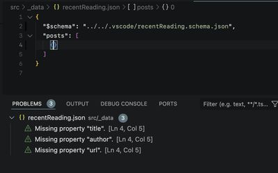 A VSCode screenshot showing the IDE throwing an error when an empty object is added to the "posts" entry of the described JSON, as the required properties "title", "author", and "url" are missing.