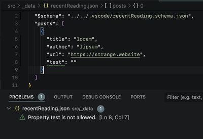 A VSCode screenshot showing the IDE throwing an error when an object with the property "test" is added to the "posts" entry of the described JSON, as the "test" property isn’t allowed.