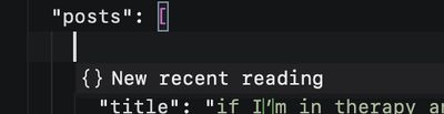 A VSCode editor window showing the described autocompletion, opening a suggestion to inset "new recent reading".