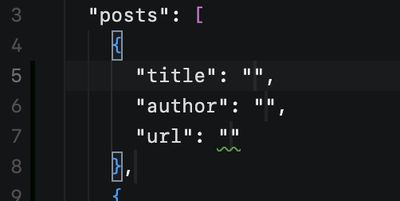 A VSCode editor window showing the described object insertion, an object with the properties title, author, and url set to empty strings.