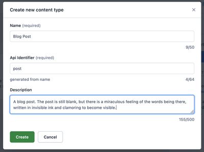 A user interface showing the creation of a new content type in Contentful