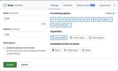 The user interface for creating a new RichText field in Contentful. The options for linking to another entry or asset, and embedding other content types are disabled.